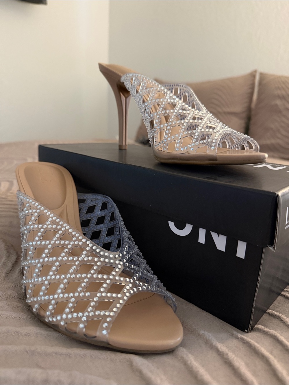 INC International Concepts Nude Rhinestone Mesh High-Heel Mules